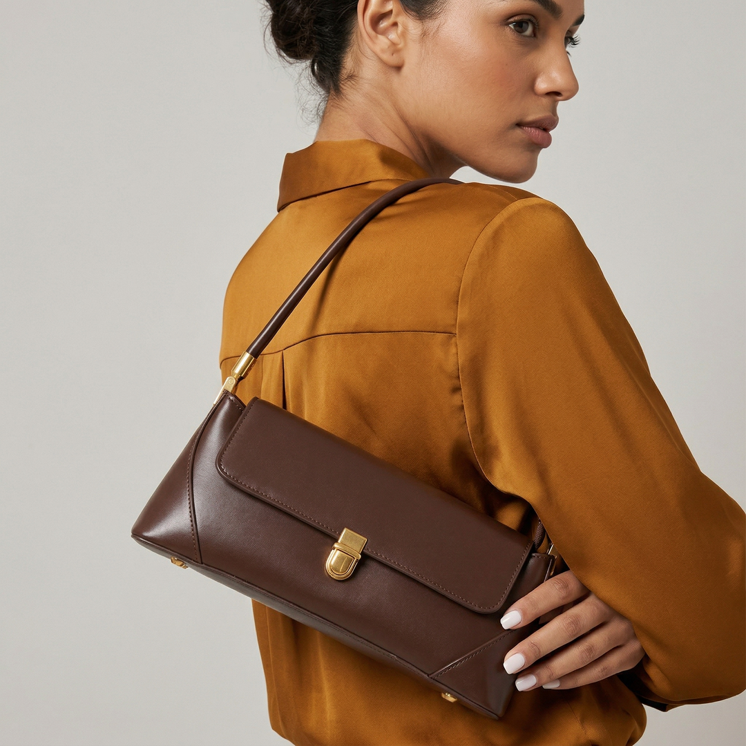 Vivette – Structured Vegan Cowhide Shoulder Bag, Gold Clasp