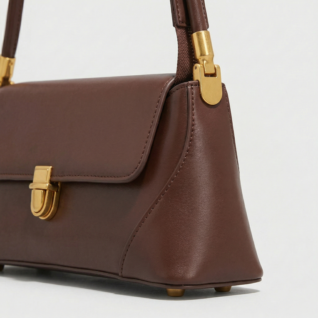 Vivette – Structured Vegan Cowhide Shoulder Bag, Gold Clasp