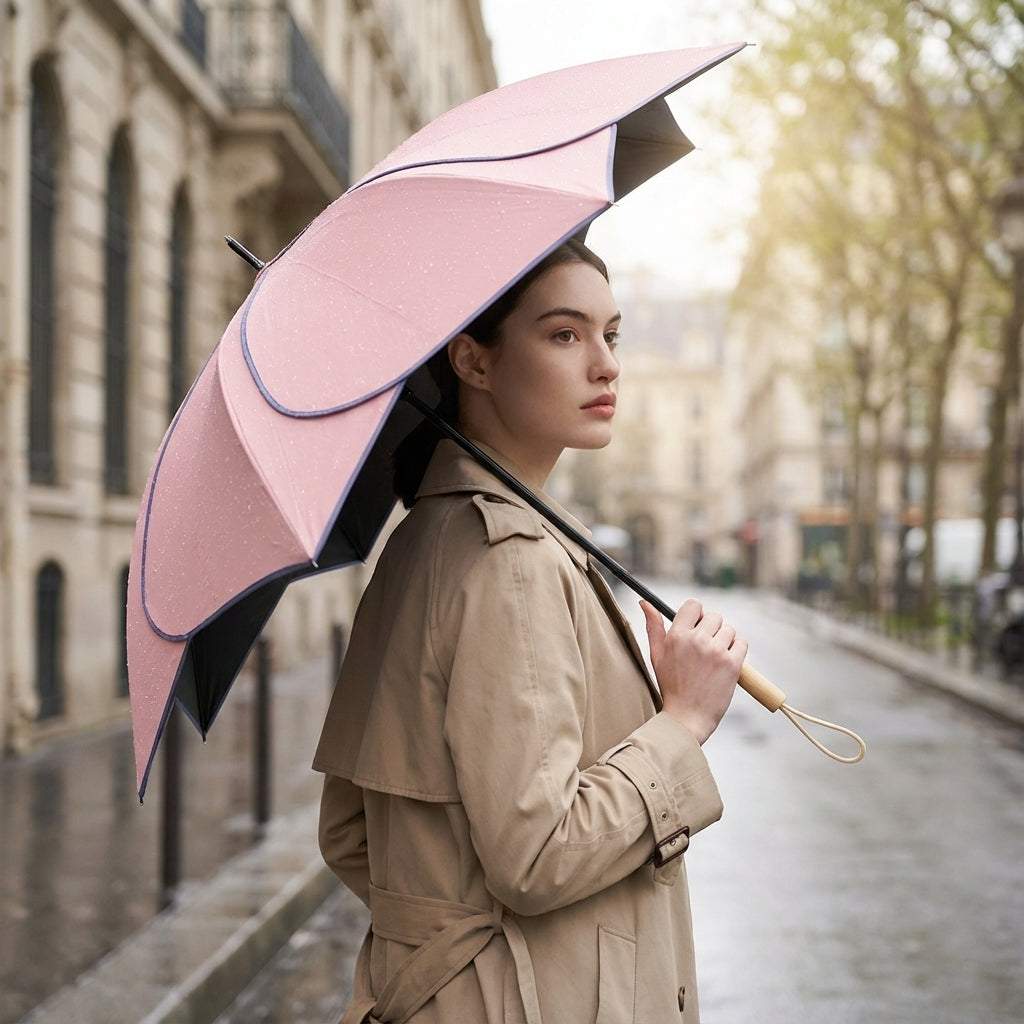 Floral Petal Auto-Open Umbrella with Wooden Handle – Sun & Rain Protection
