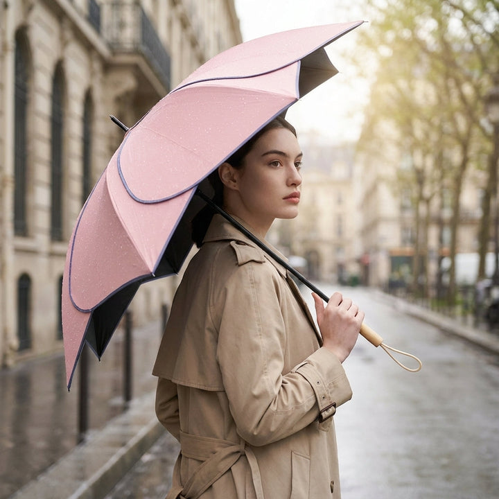 Floral Petal Auto-Open Umbrella with Wooden Handle – Sun & Rain Protection