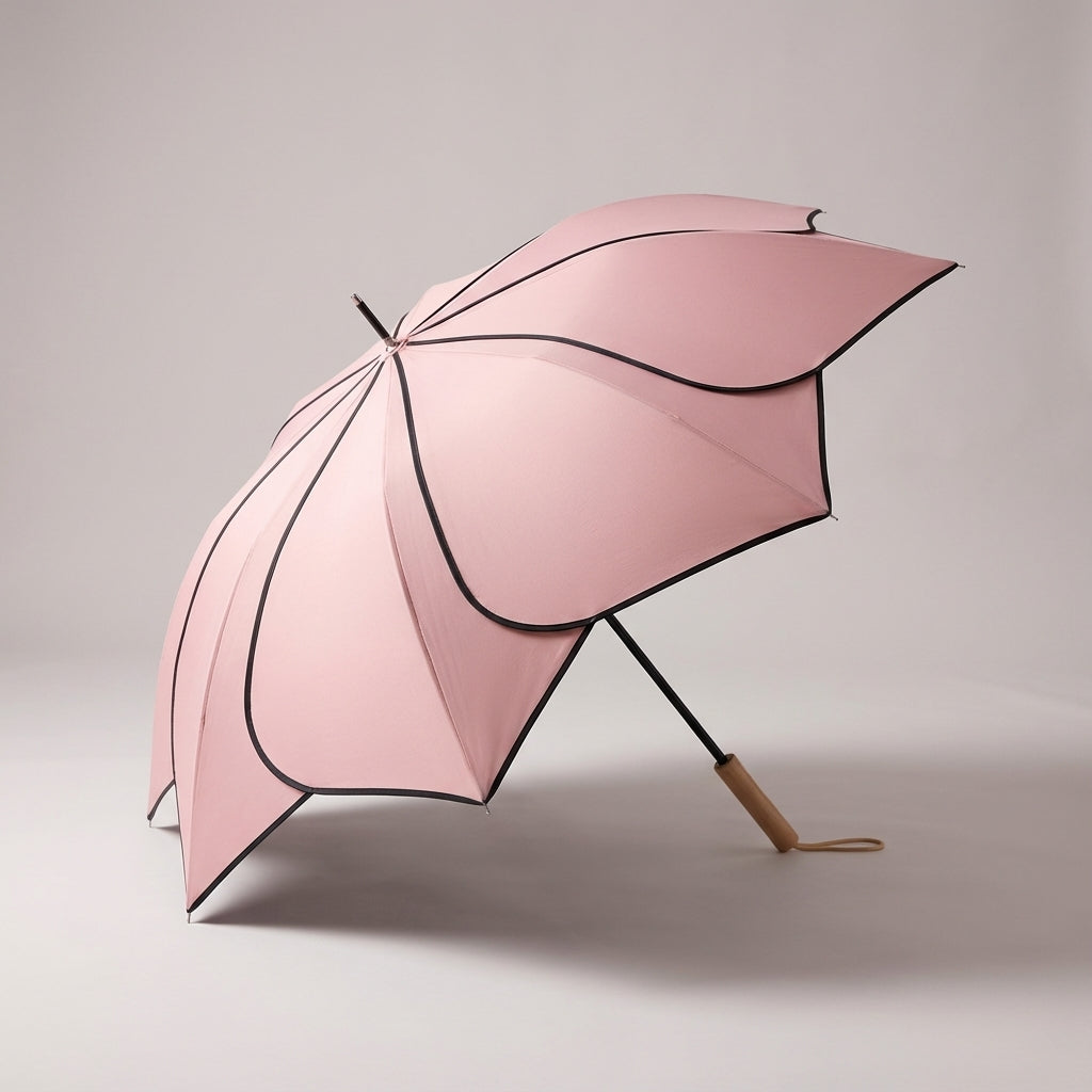 Floral Petal Auto-Open Umbrella with Wooden Handle – Sun & Rain Protection
