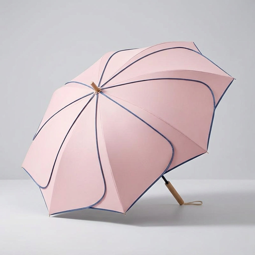 Floral Petal Auto-Open Umbrella with Wooden Handle – Sun & Rain Protection