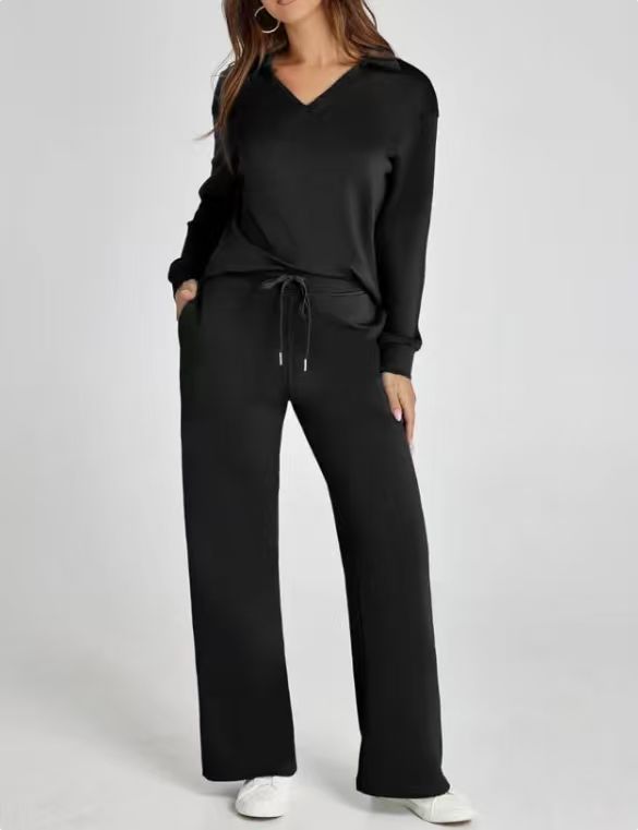 Relaxed Comfort Two-Piece Casual Set - Zip-Neck Top and Wide-Leg Trousers