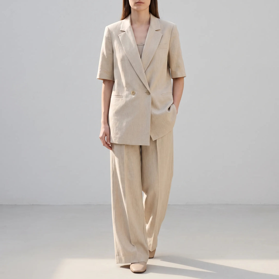 Summer Tailored Two-Piece Pantsuit with Short-Sleeve Jacket and Wide-Leg Pants