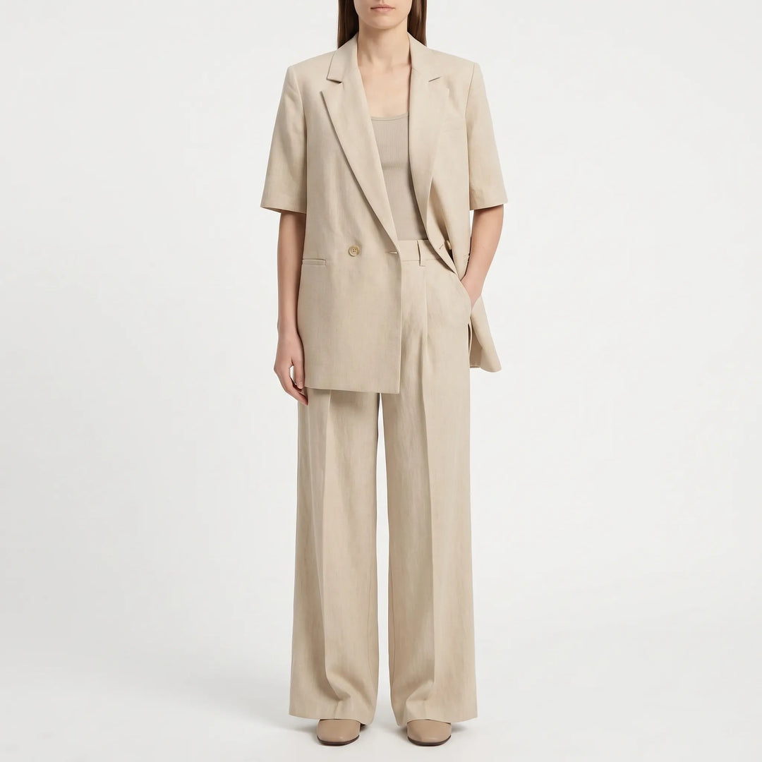 Summer Tailored Two-Piece Pantsuit with Short-Sleeve Jacket and Wide-Leg Pants