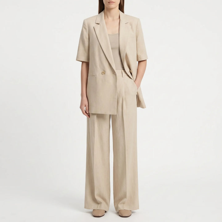 Summer Tailored Two-Piece Pantsuit with Short-Sleeve Jacket and Wide-Leg Pants