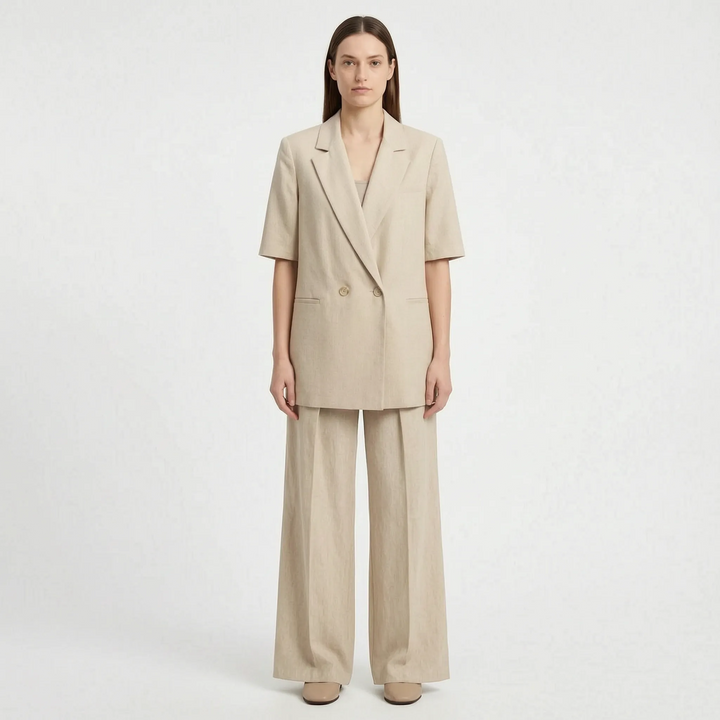 Summer Tailored Two-Piece Pantsuit with Short-Sleeve Jacket and Wide-Leg Pants