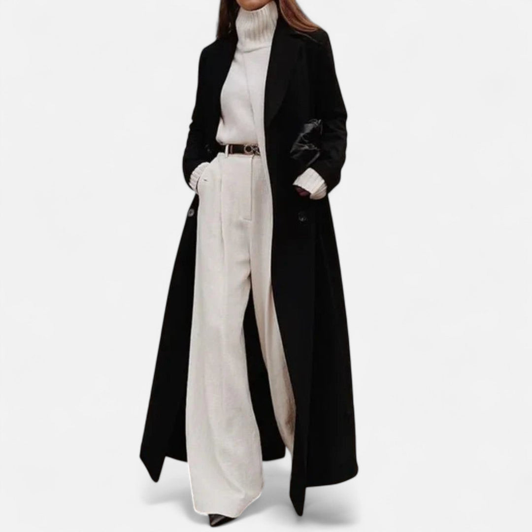 Classic Tailored Black Longline Coat with Notch Lapel & Button Front
