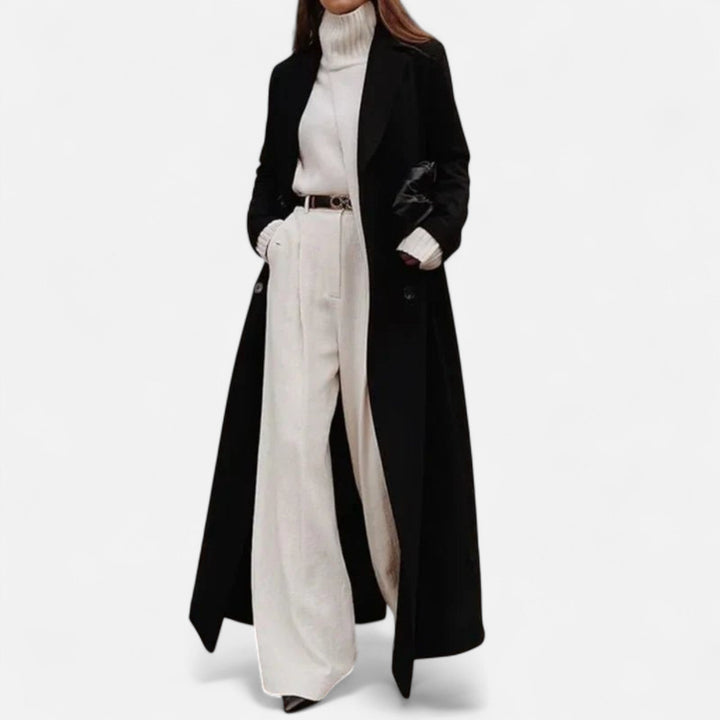 Classic Tailored Black Longline Coat with Notch Lapel & Button Front