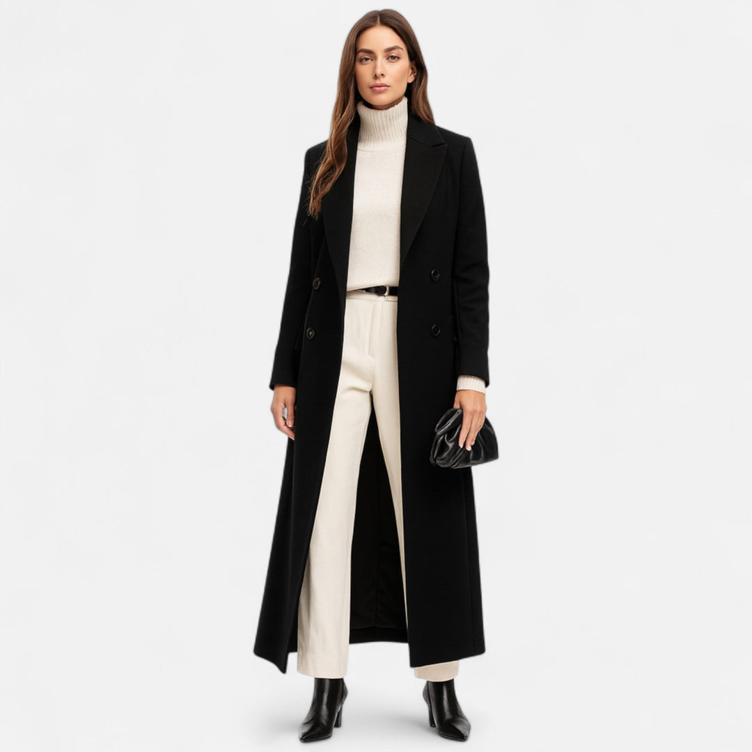 Classic Tailored Black Longline Coat with Notch Lapel & Button Front