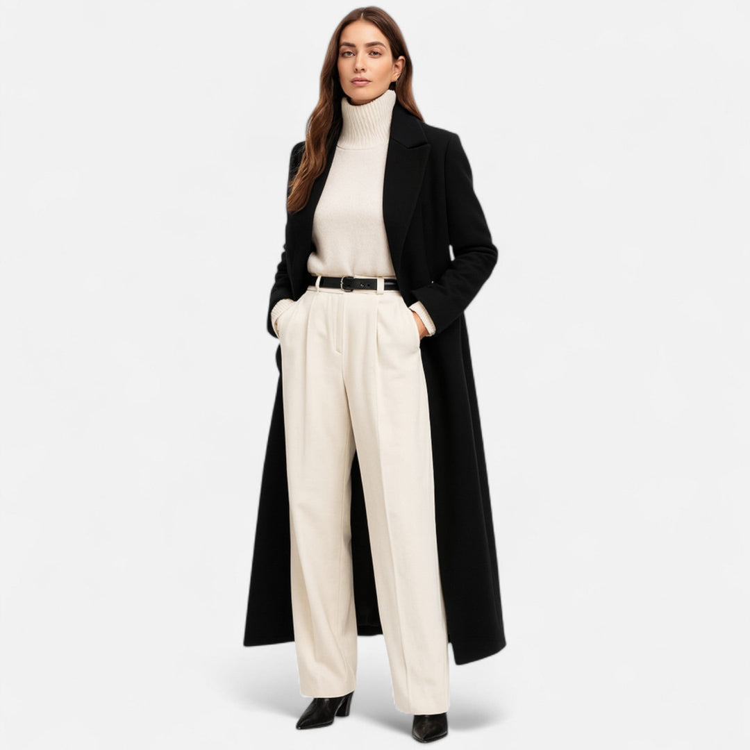 Classic Tailored Black Longline Coat with Notch Lapel & Button Front