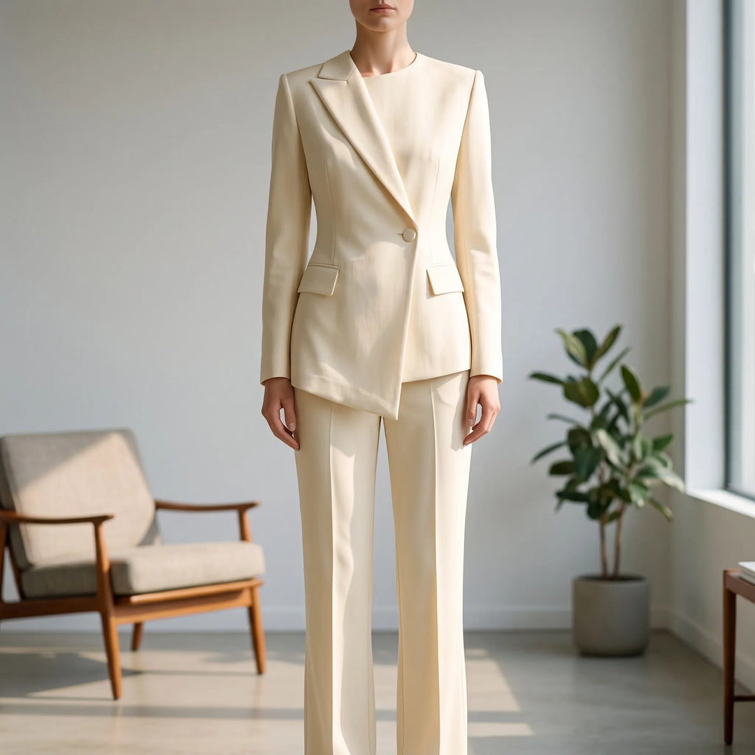Women's Asymmetric Blazer and Flared Trousers Set - Modern Office Suit