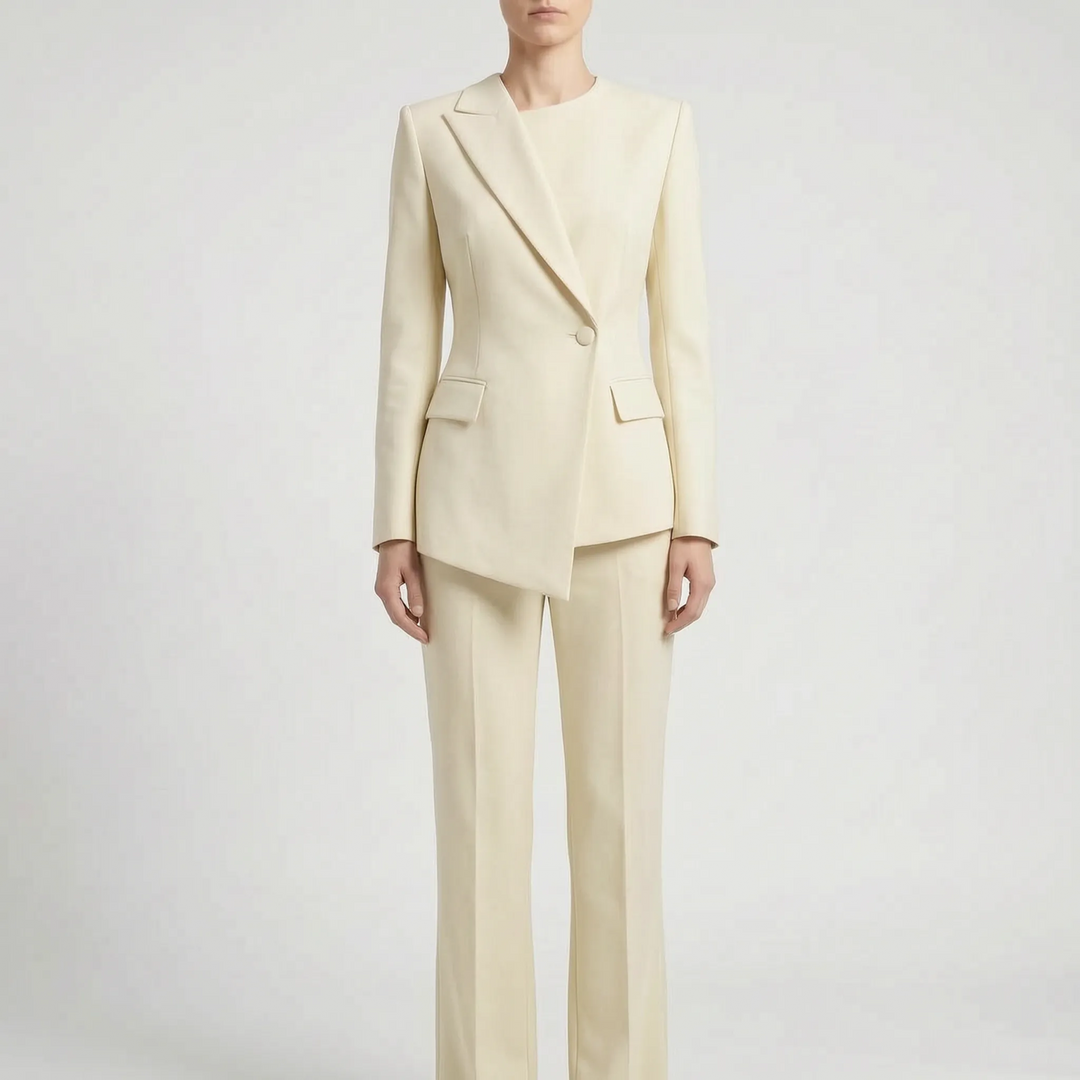 Women's Asymmetric Blazer and Flared Trousers Set - Modern Office Suit
