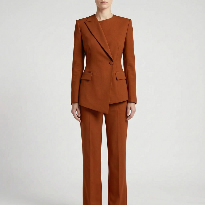 Women's Asymmetric Blazer and Flared Trousers Set - Modern Office Suit
