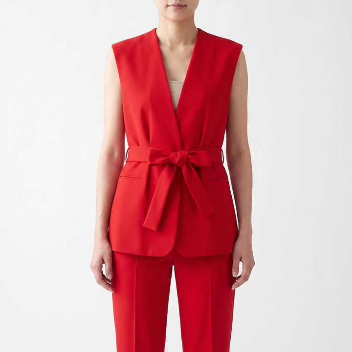 Red Wide Leg Wrap Pant Suit with Adjustable Sash Belt