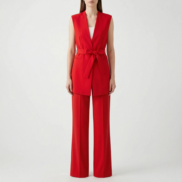 Red Wide Leg Wrap Pant Suit with Adjustable Sash Belt