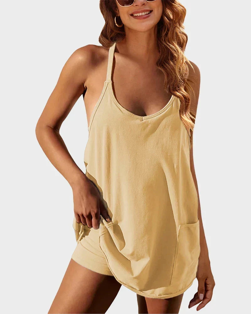 Lightweight Scoop Neck Summer Mini Dress with Built-In Shorts - Casual Women's Fashion