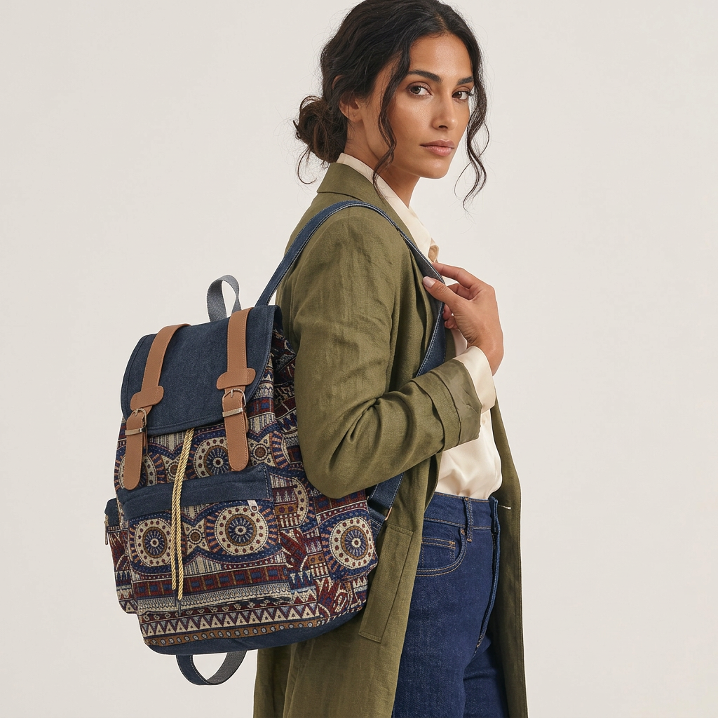 Zara – Boho Canvas Backpack for Women, Ethnic Print