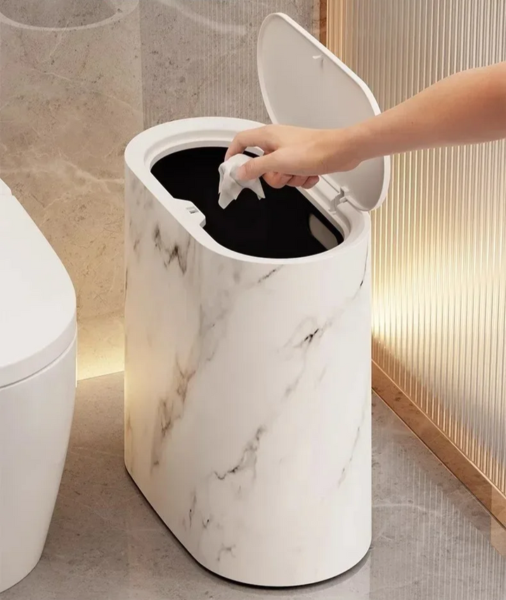 Scandinavian Marble Texture Push-Top Wastebasket – Compact Bathroom Trash Can