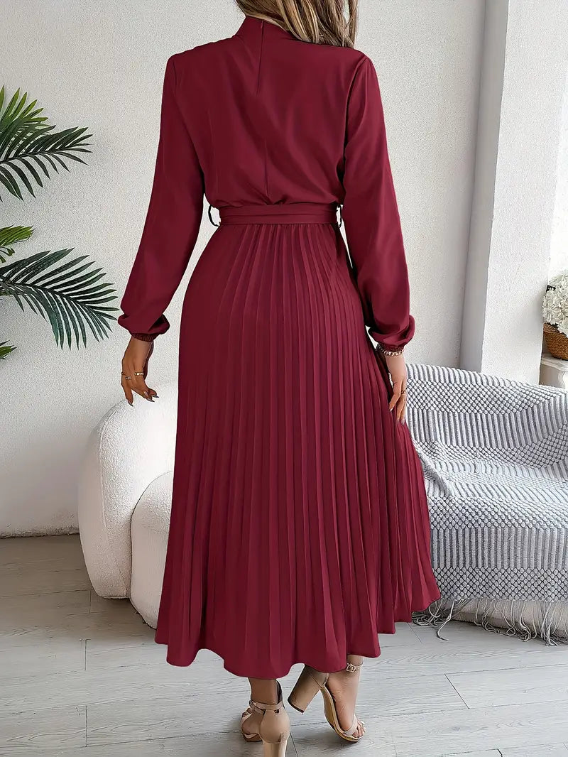Belted Pleated Midi Dress with Long Sleeves – Elegant High Neckline