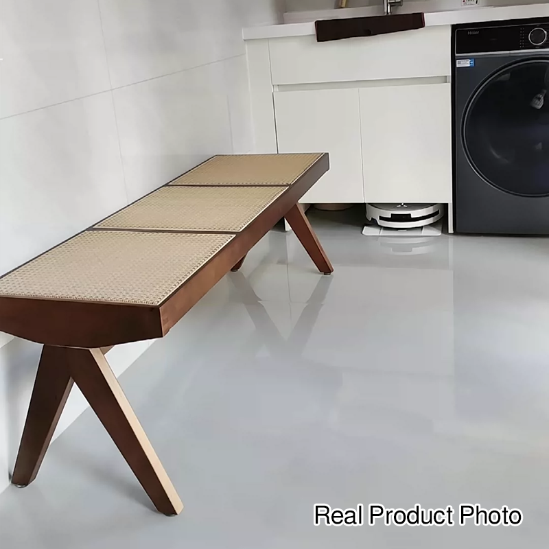 Traditional Japanese Rubberwood and Synthetic Fiber Rectangular V-Shaped Bench with Handwoven Seat for Entryway and Living Room