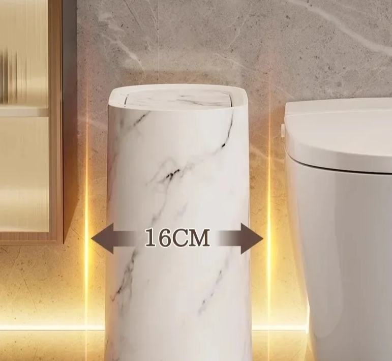Scandinavian Marble Texture Push-Top Wastebasket – Compact Bathroom Trash Can