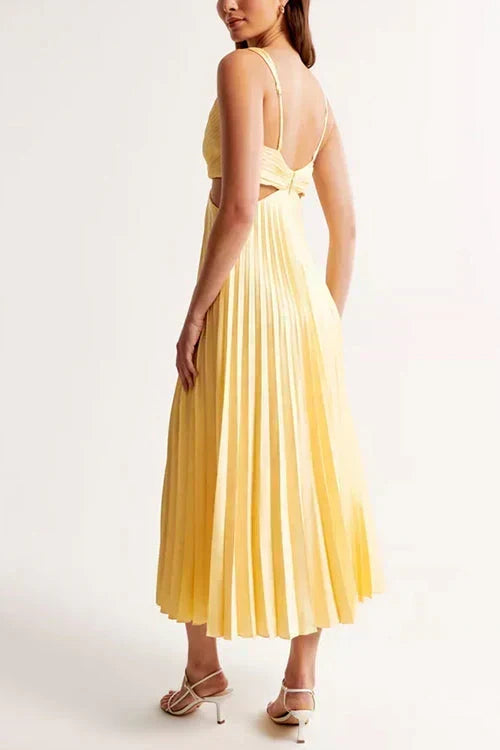 Midi Gala Dress Women Pleated Skirt Waist Cutout