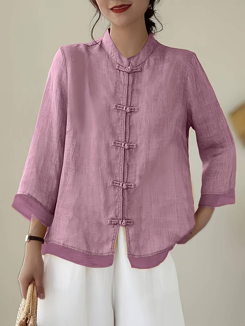 LinenGrace Women's Mandarin Collar Linen Button Blouse