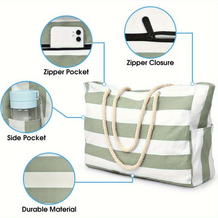 Striped Beach Bag with Large Capacity – Durable Polyester with Zipper