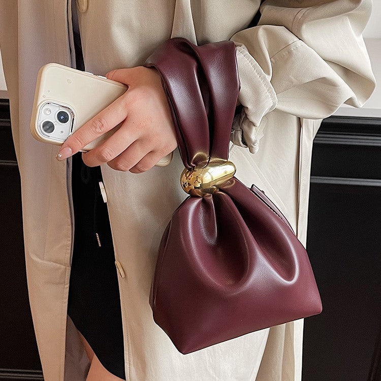 Nori – Vegan Leather Ruched Clutch Bag with Gold Ring Handle