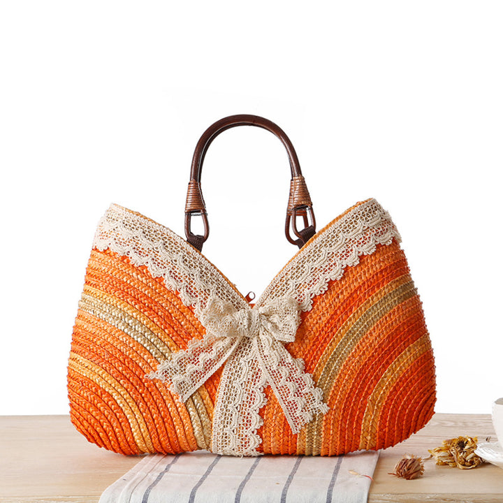 Soleil – Striped Straw Handbag with Lace Bow and Rattan Handles