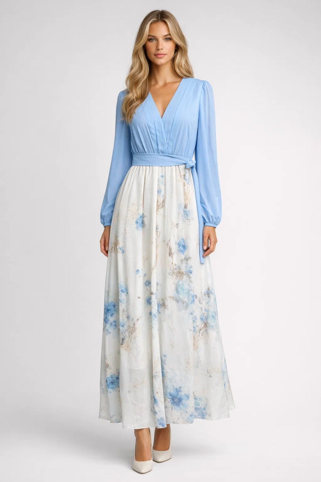Flower Maxi Dress for Women V Neck Long Sleeves