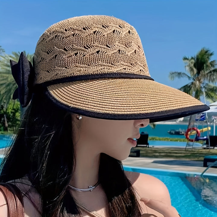 Woven Bow Summer Hat with Wide Brim - Breathable Beach Hat