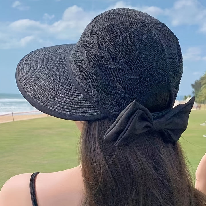 Woven Bow Summer Hat with Wide Brim - Breathable Beach Hat