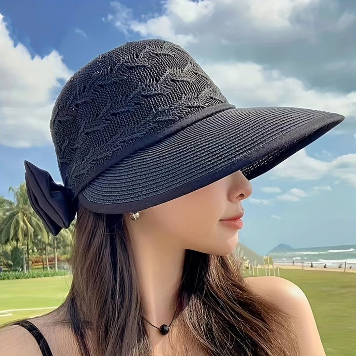 Woven Bow Summer Hat with Wide Brim - Breathable Beach Hat