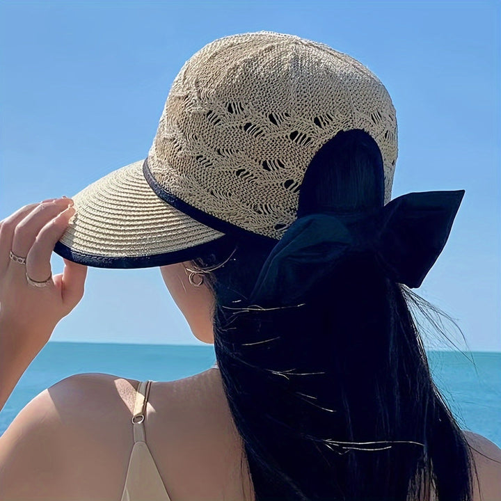 Woven Bow Summer Hat with Wide Brim - Breathable Beach Hat