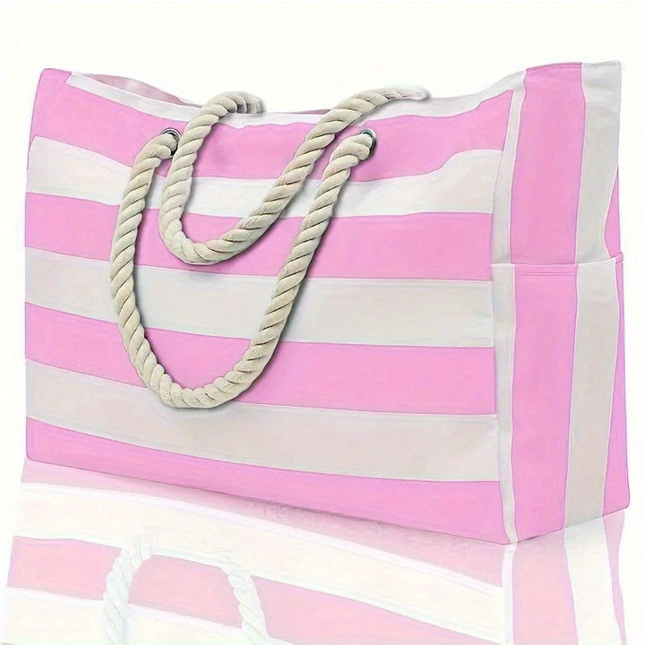 Striped Beach Bag with Large Capacity – Durable Polyester with Zipper