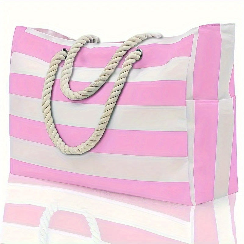 Striped Beach Bag with Large Capacity – Durable Polyester with Zipper