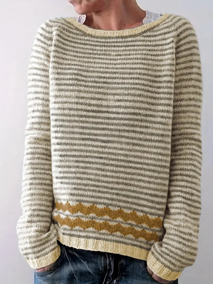 Calvara | Women's Striped Pullover Knit Sweater — Contrast Zigzag Hem Detail in 3 Colors | Westmere