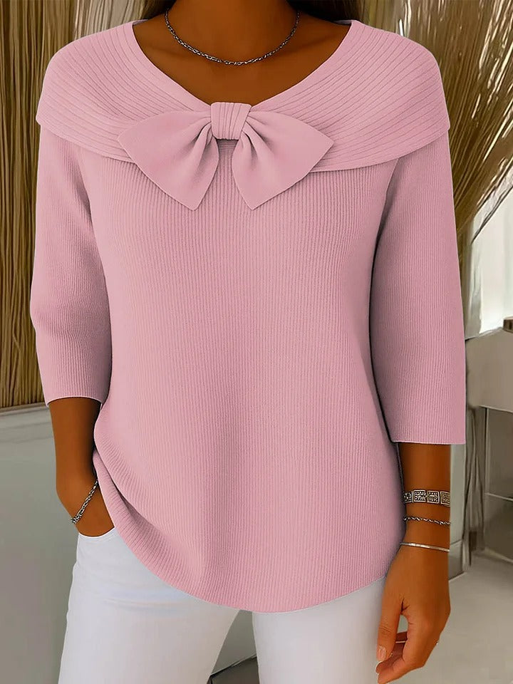 Cordwyn | Women's Bow Detail Ribbed Knit Sweater — 3/4 Sleeve Pullover with Neckline Bow in 6 Colors | Westmere