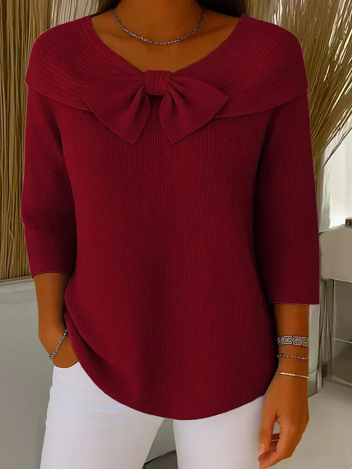 Cordwyn | Women's Bow Detail Ribbed Knit Sweater — 3/4 Sleeve Pullover with Neckline Bow in 6 Colors | Westmere