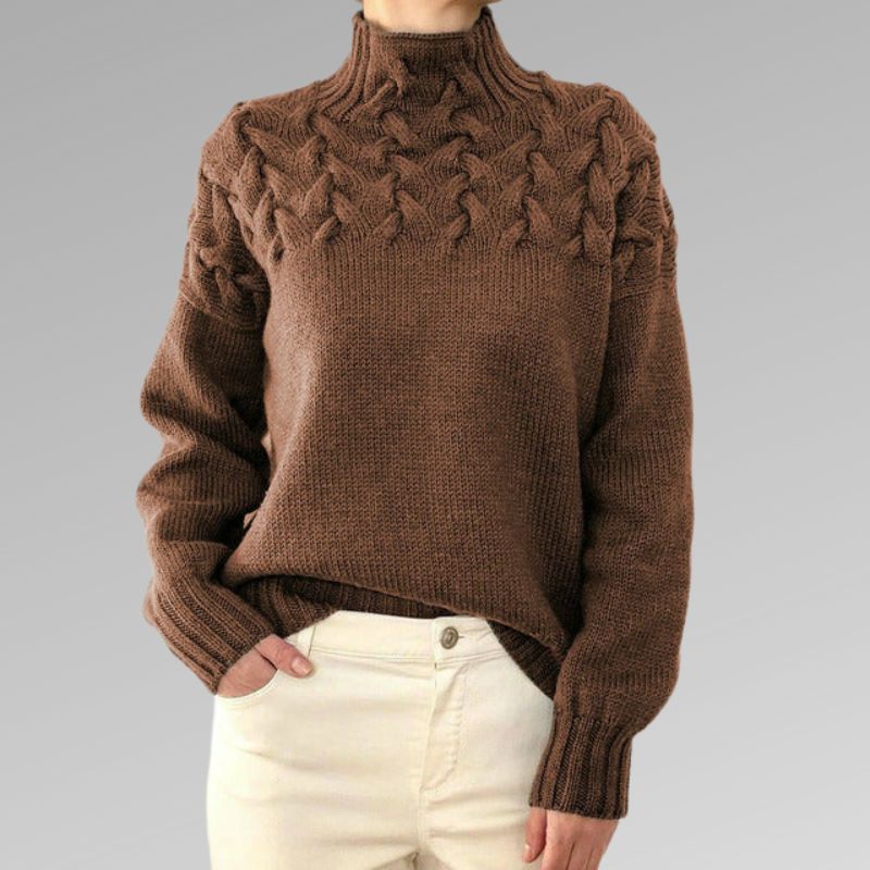 Corwen | Women's Cable Knit Turtleneck Sweater — Chunky Yoke Pattern in 8 Colors | Westmere