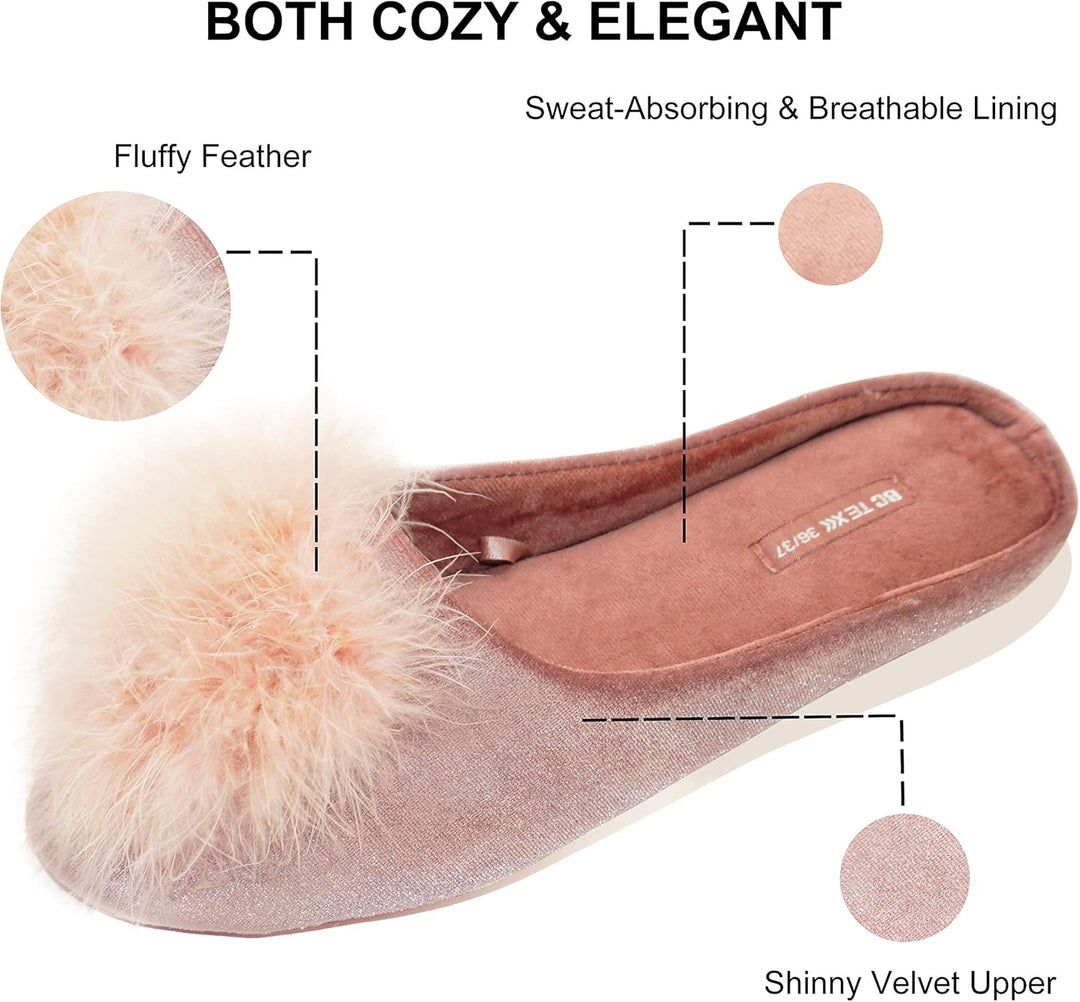 Premium Velvet Memory Foam Slip-On Slippers with Pom-Pom Details