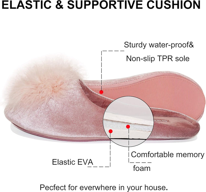 Premium Velvet Memory Foam Slip-On Slippers with Pom-Pom Details