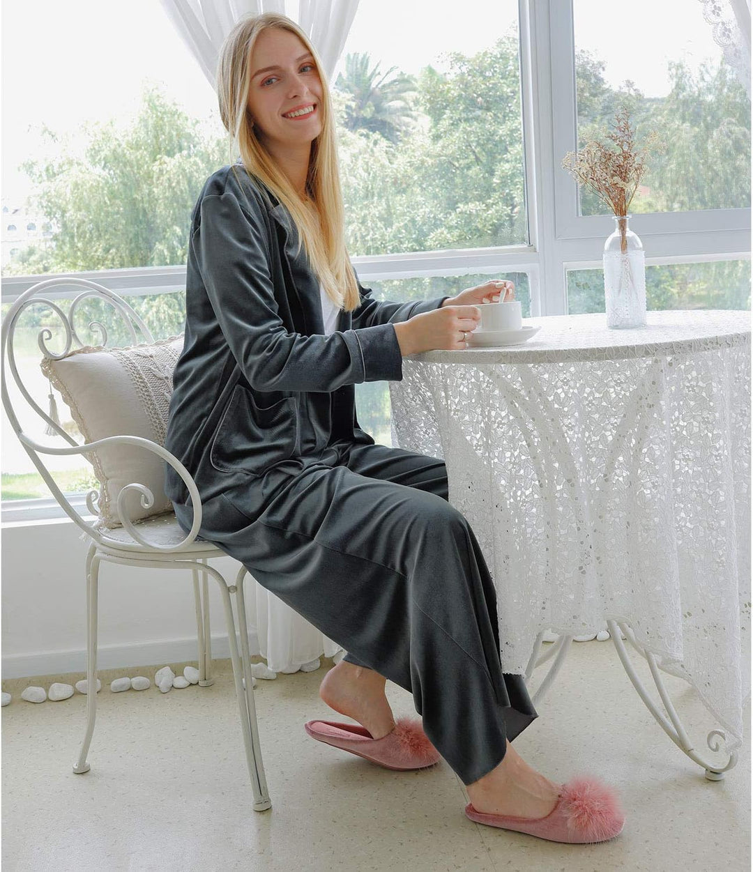 Premium Velvet Memory Foam Slip-On Slippers with Pom-Pom Details