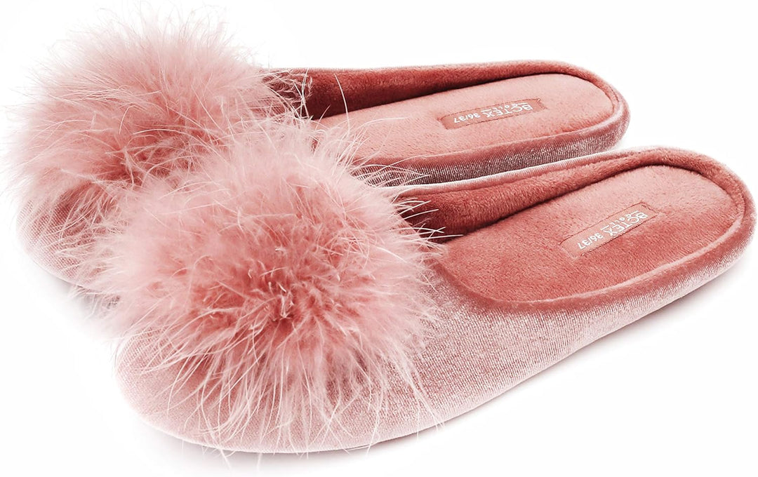 Premium Velvet Memory Foam Slip-On Slippers with Pom-Pom Details