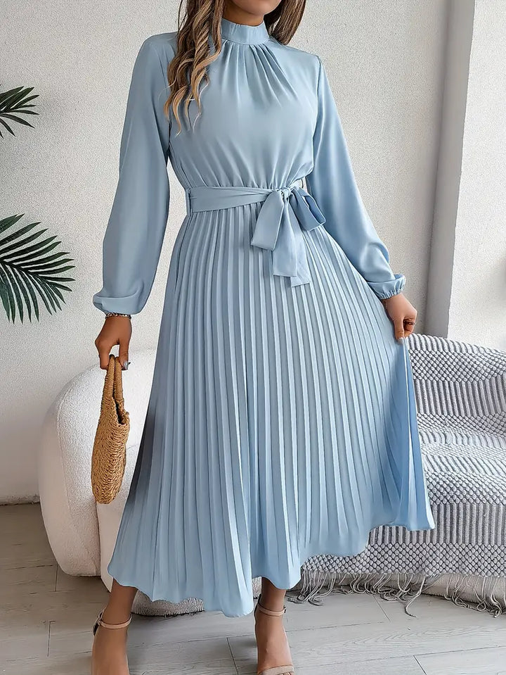 Belted Pleated Midi Dress with Long Sleeves – Elegant High Neckline