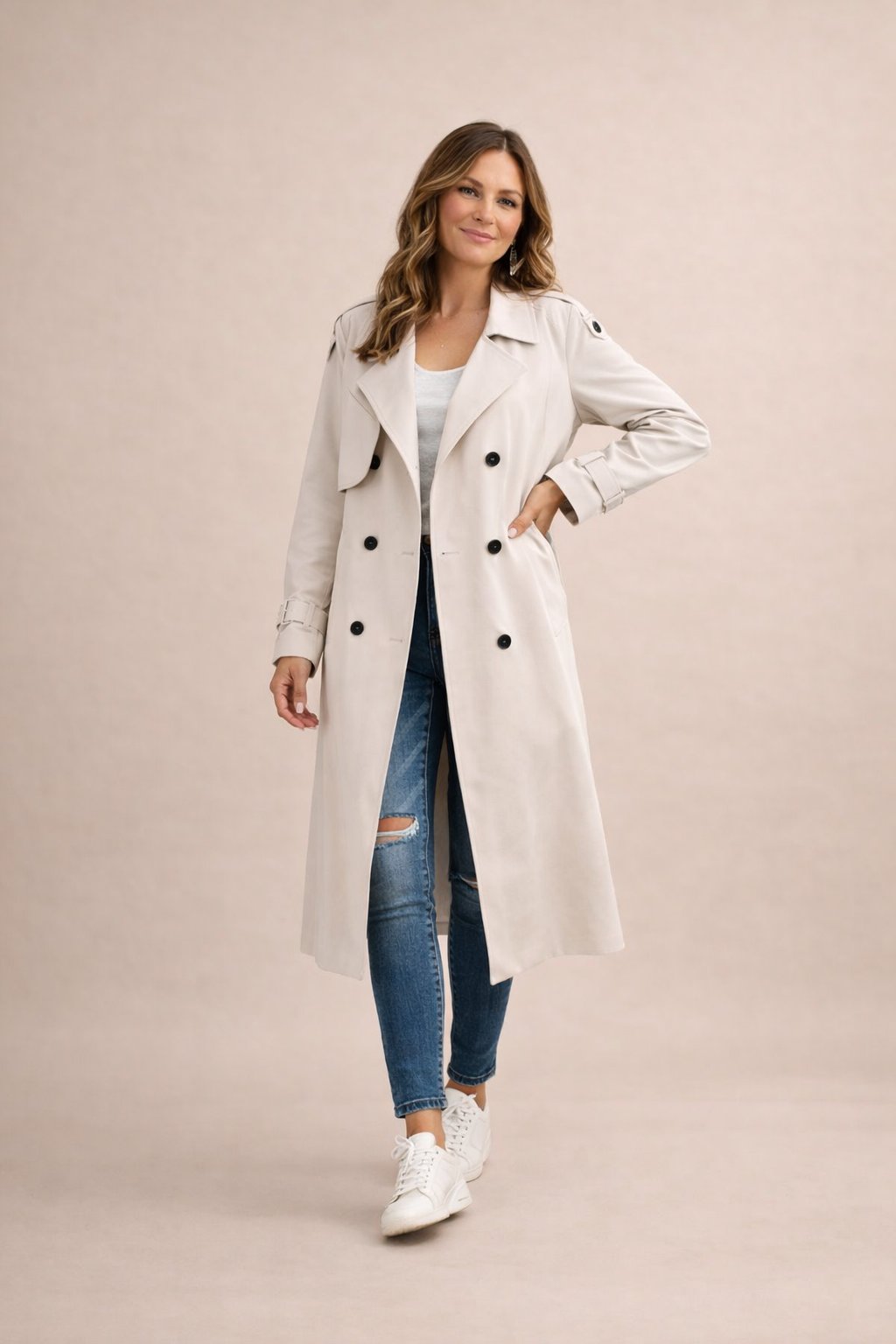 Ladies Trench Coat Double-Breasted Closure with Belt Casual Formal
