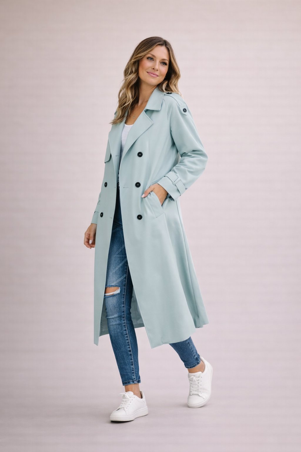 Ladies Trench Coat Double-Breasted Closure with Belt Casual Formal