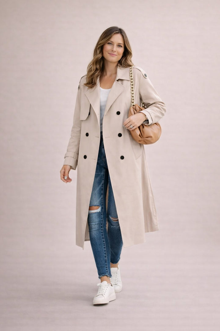 Ladies Trench Coat Double-Breasted Closure with Belt Casual Formal
